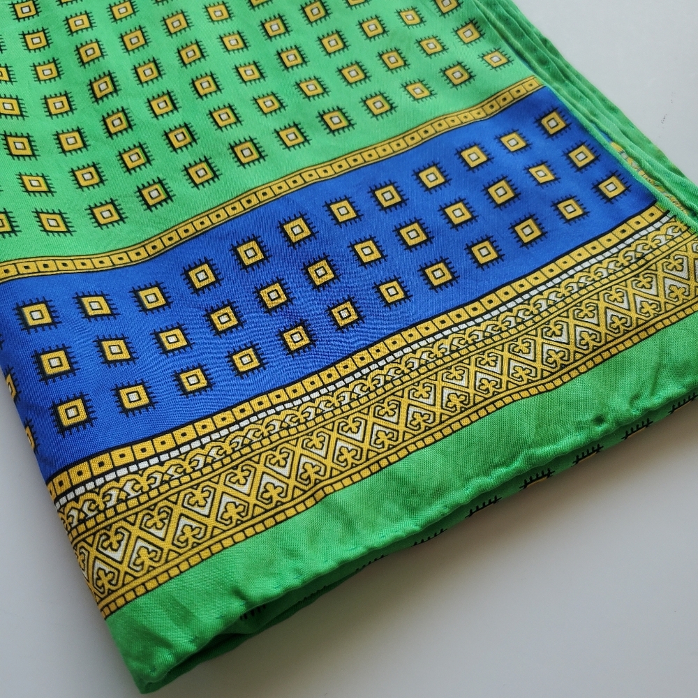 VTG Hand Rolled Long Silk Scarf Kelly Green & Cobalt Blue Geo + Brocade Border